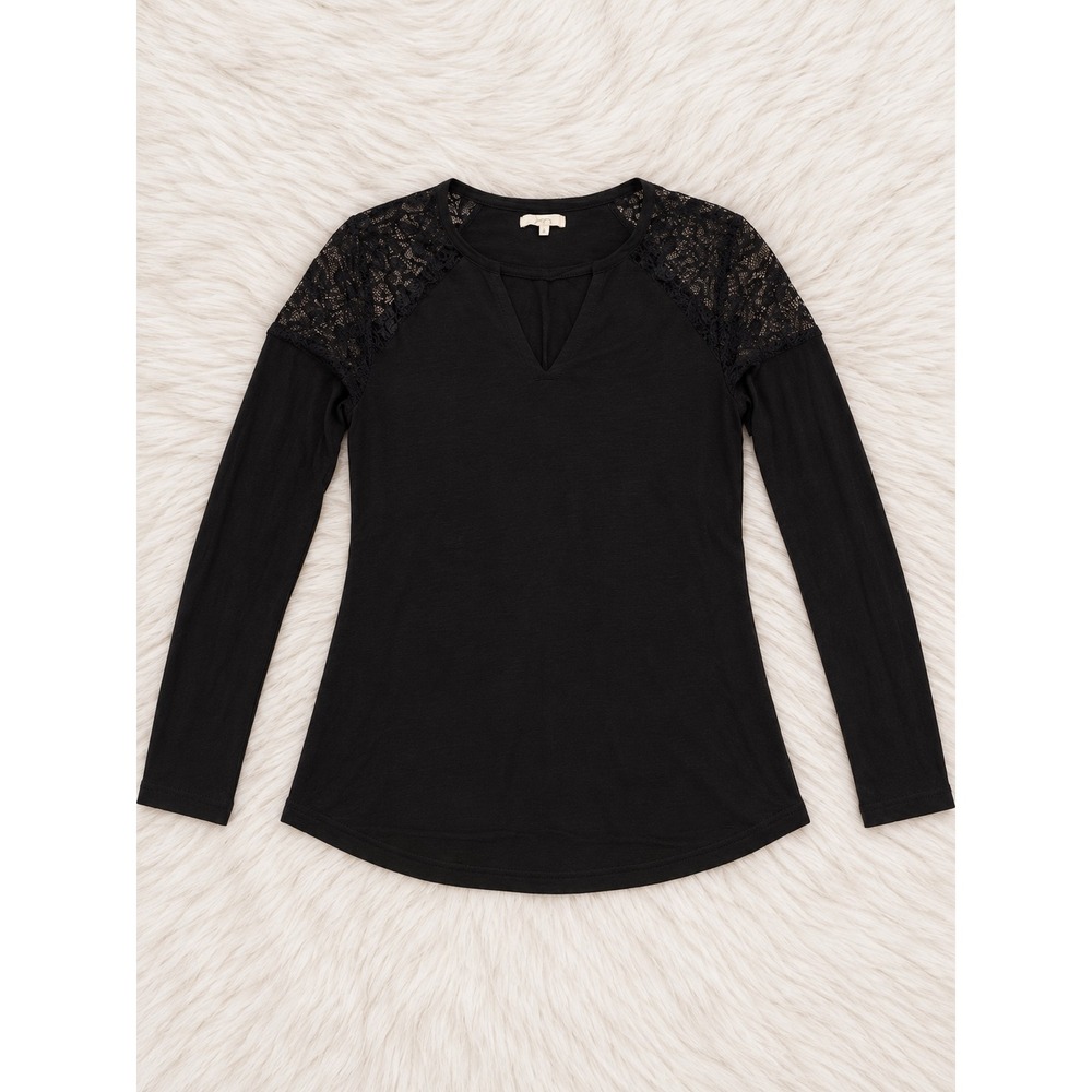 Maurices Black Lace Shoulder Top Women's Small Long Sleeve V Neck
